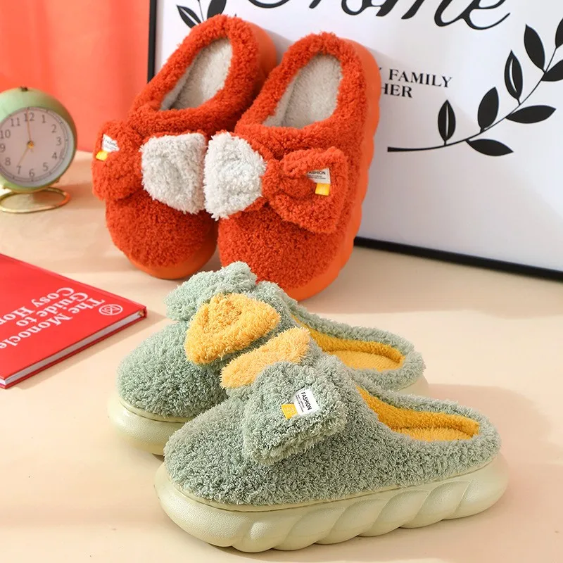 

Women Winter Warm Slippers Cute Bow Non-slip Plush Cotton Shoes Memory Foam Thick Soled Home Bedroom Ladies Fur Faux Slides
