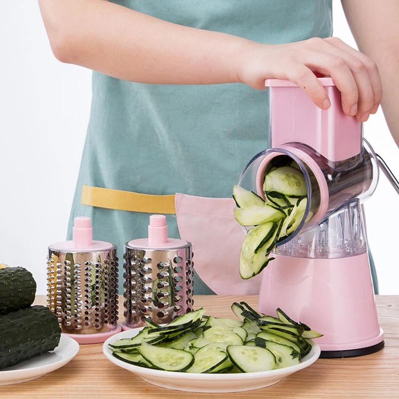 

Ручная овощерезка, слайсер, вращающаяся мандолина, слайсер, терка для картофеля и моркови с 3 лезвиями из нержавеющей стали, кухонный инстру...