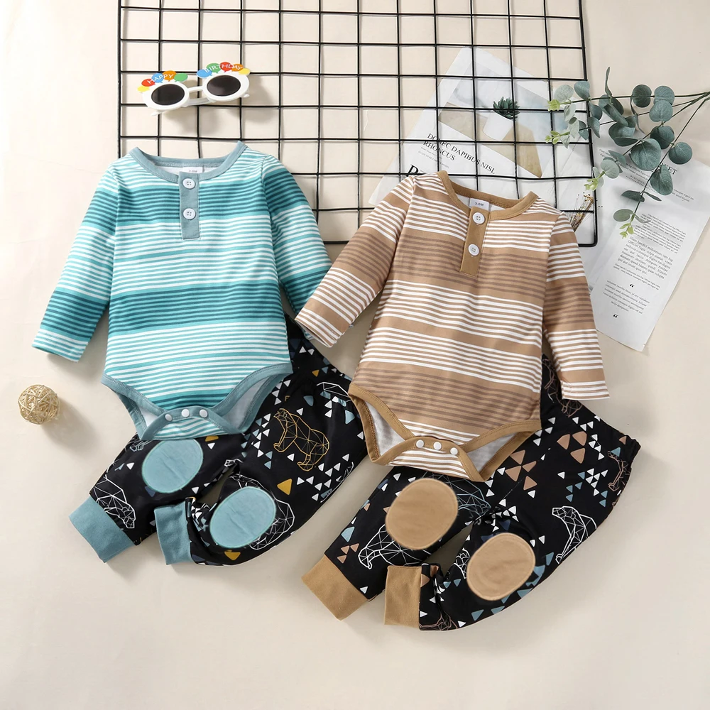 Baby bodysuits striped Crew Neck Long Sleeve Button baby triangles suit baby creeper + pants suit for 0-18 month old baby boys