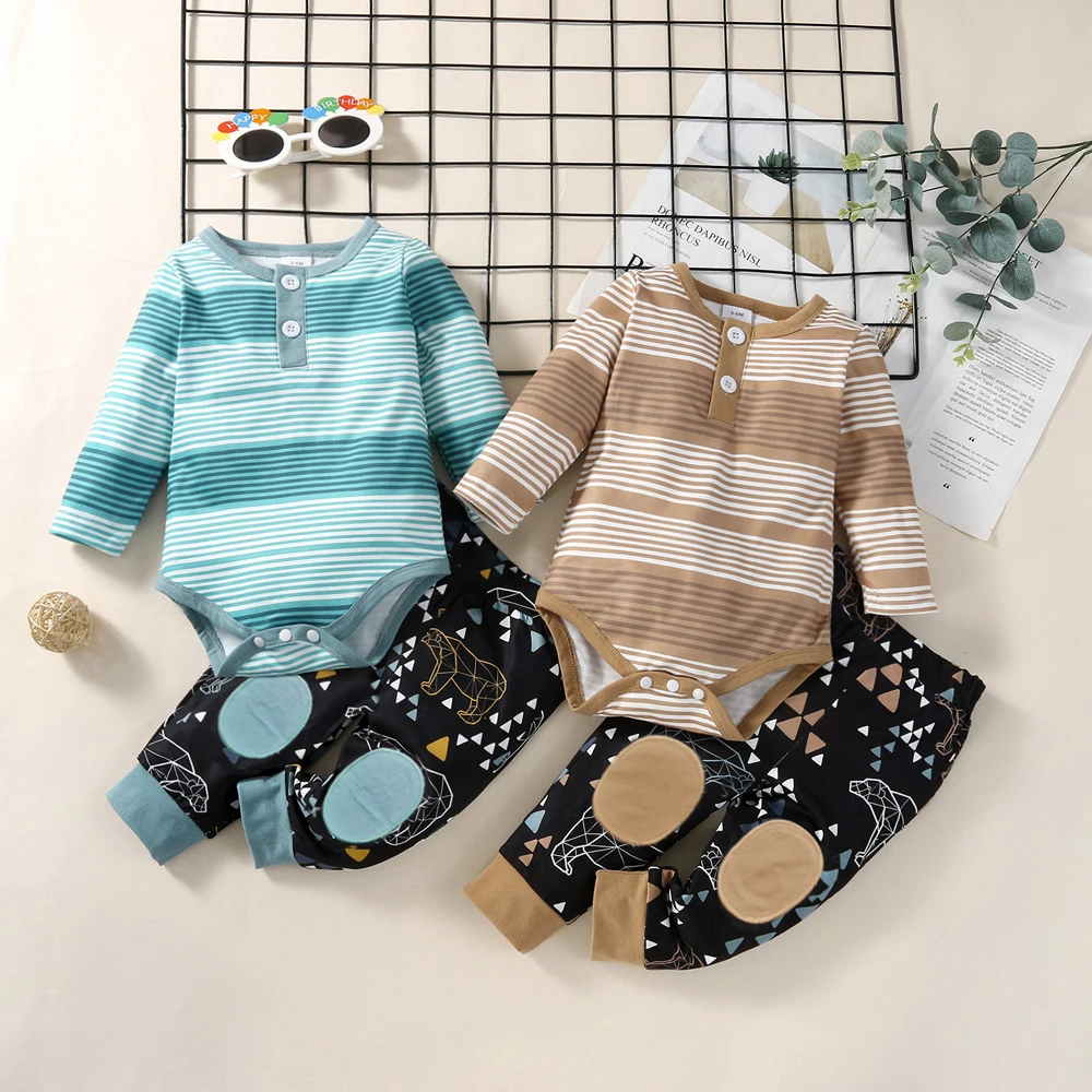 

Baby bodysuits striped Crew Neck Long Sleeve Button baby triangles suit baby creeper + pants suit for 0-18 month old baby boys