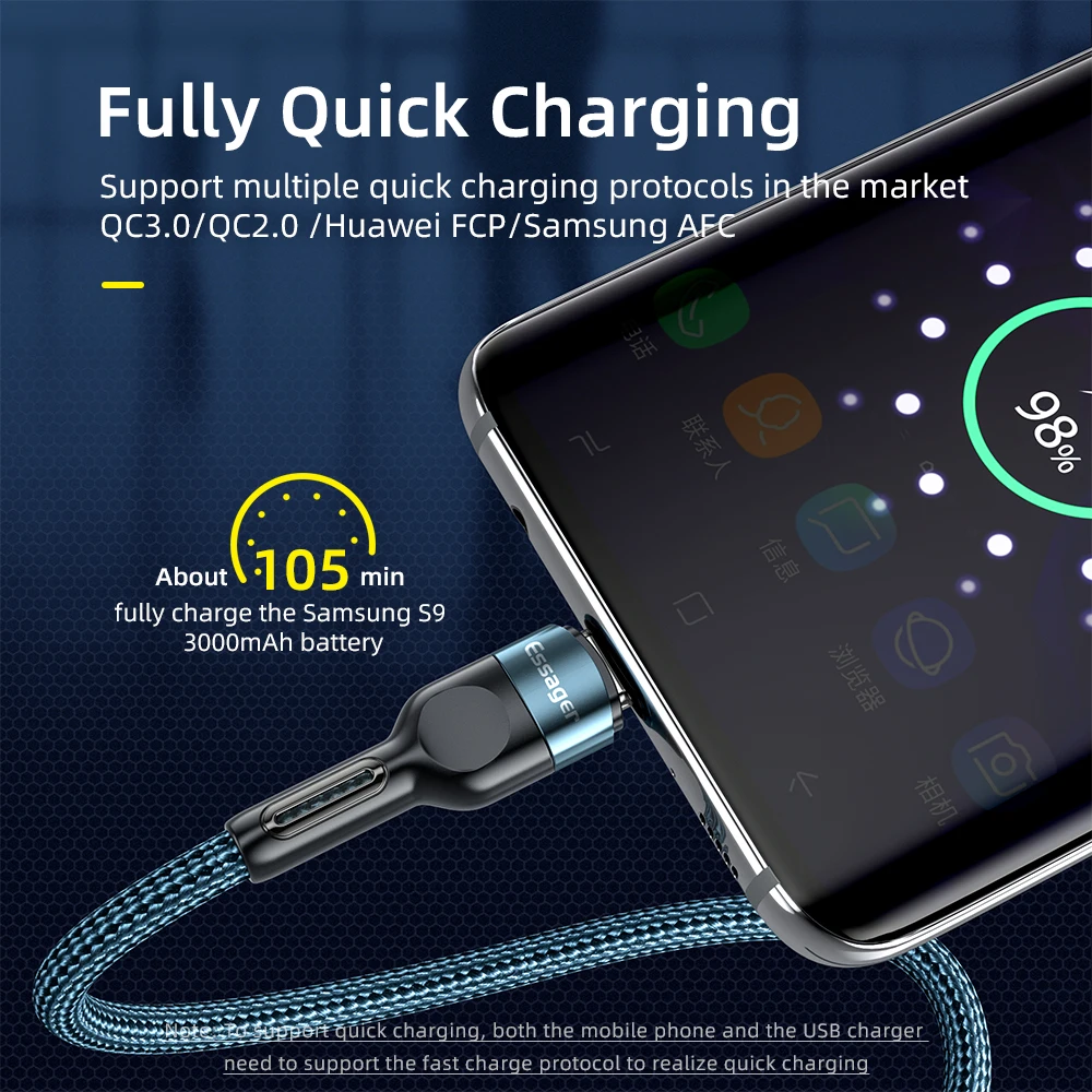 Кабель зарядный Essager 3 А USB Type-C для Xiaomi Mi 11/Redmi Note 10/9/Samsung/Huawei |