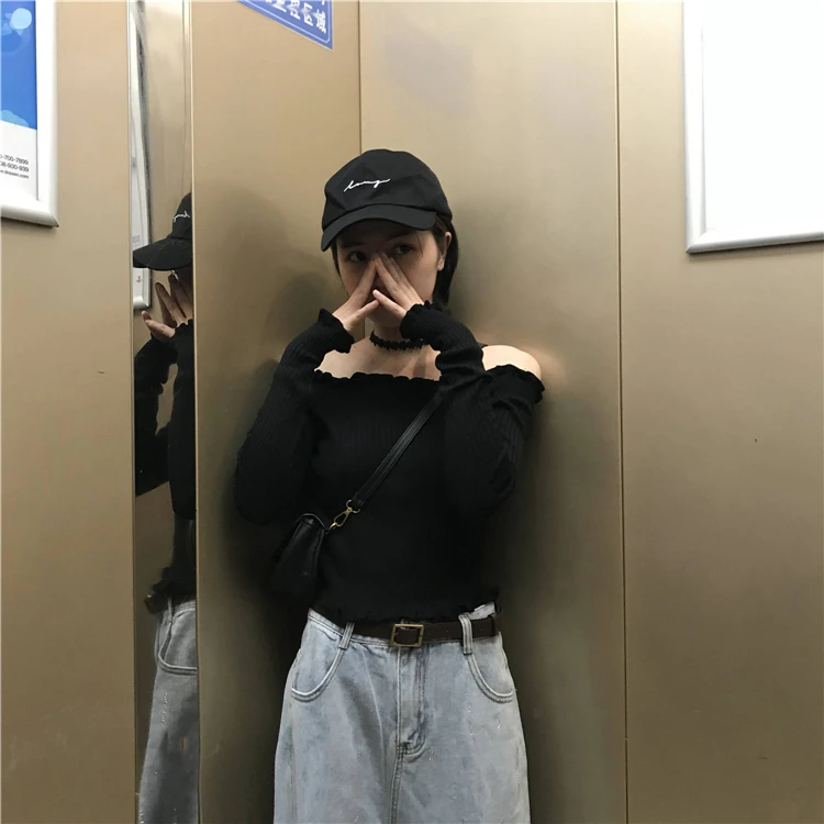 

sweaters fashion Female chic solid slash neck ruffles short pullover sexy style autumn hot Women's Clothing ladies tops new