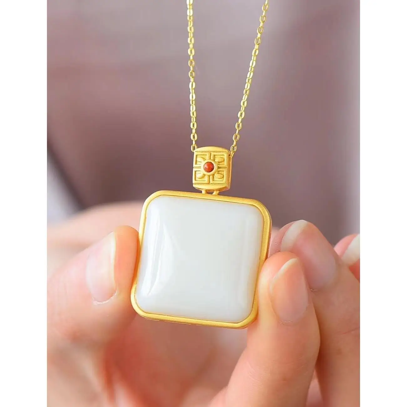 

Hetian White Jade Square Plate S925 Sterling Silver Safety-Blessing Card Pendant Necklace Silver Vintage White Jade Texture Is V