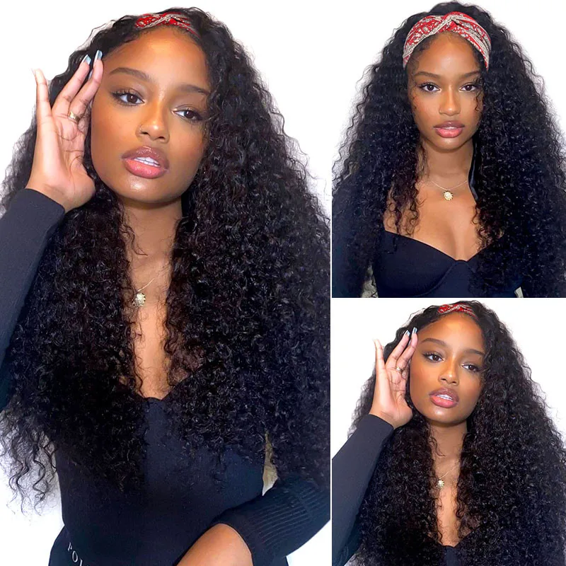 

Brazilian Curly Hair Headband Wig Glueless Scarf Remy Human Hair Wigs for Black Women Full Machine Made Wig Beginner Friendly