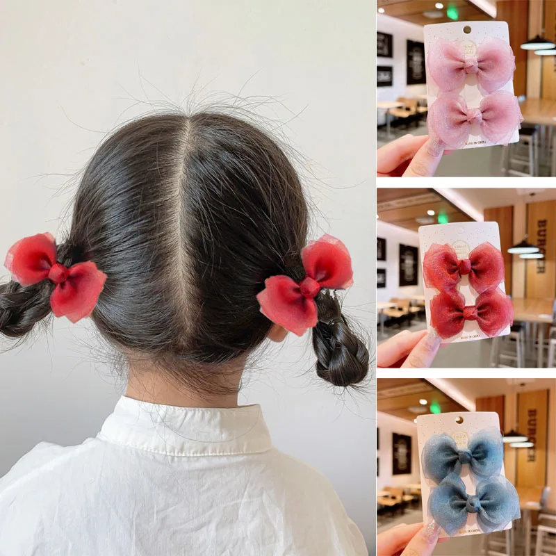 

1 Pair of Hair Bows Clips for Girls Cute Hair Accessories Hairpin Handmade Net Yarn Headdress Hair Clip Headgear Duckbill Clip
