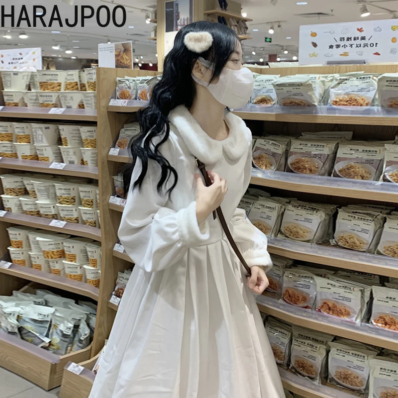 

Платья Harajpoo для женщин, милый белый кукольный воротник, Осень-зима 2021, новая японская пушистая однотонная одежда до середины икры с длинным ...