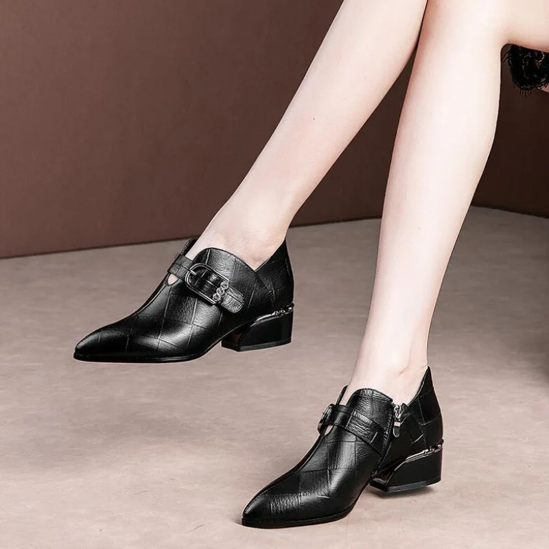 

Spring Shoe Woman Mid Heels Women Pumps 2020 Pointed Toe Thick Heel Female Single Shoes Buckle Soft Pu Leather Black Brown