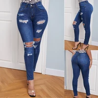 womens fashion ripped hole all match dark skinny high waist feet jeans