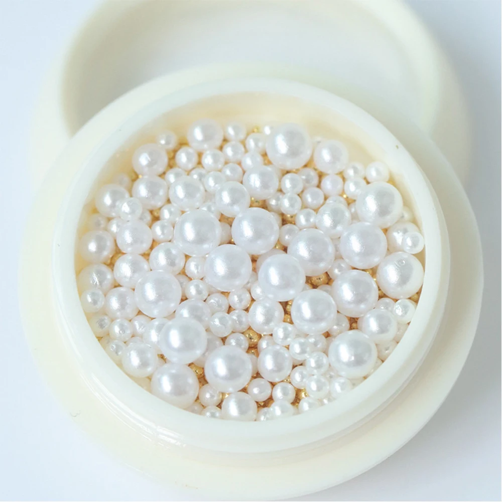 

1Box Charm Mixed ABS 3D Imitation Pearls Round Metal Beads Micro Nail Art DIY Decoration Manicure Tools