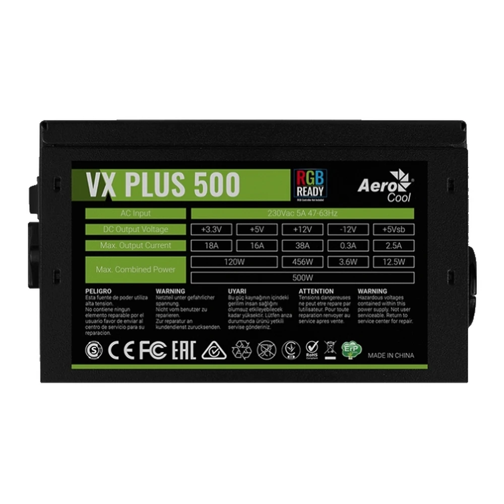 Блок питания 500W Aerocool VX PLUS 500 RGB (ATX v2.3/RGB Fan 120mm/ 500mm cable/Retail) (4718009152687) | Компьютеры и офис