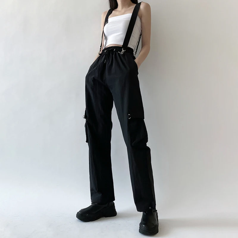 

Women Fashion Harajuku Cargo Pants Black Detachable Strap Trousers Female Elastic Waist Streetwear Pants Plus Zise Casual Pants