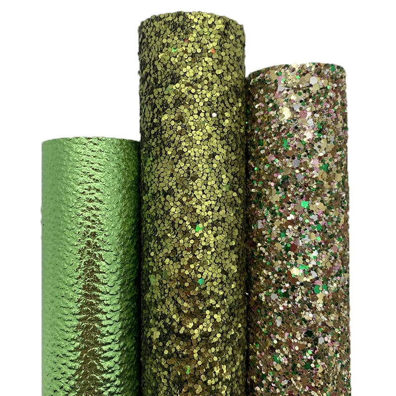 3PCS/SET Green Glitter Vinyl Fabric Matching with Metallic Litchi Faux Leather For Bows Earrings DIY 21X29CM Q111