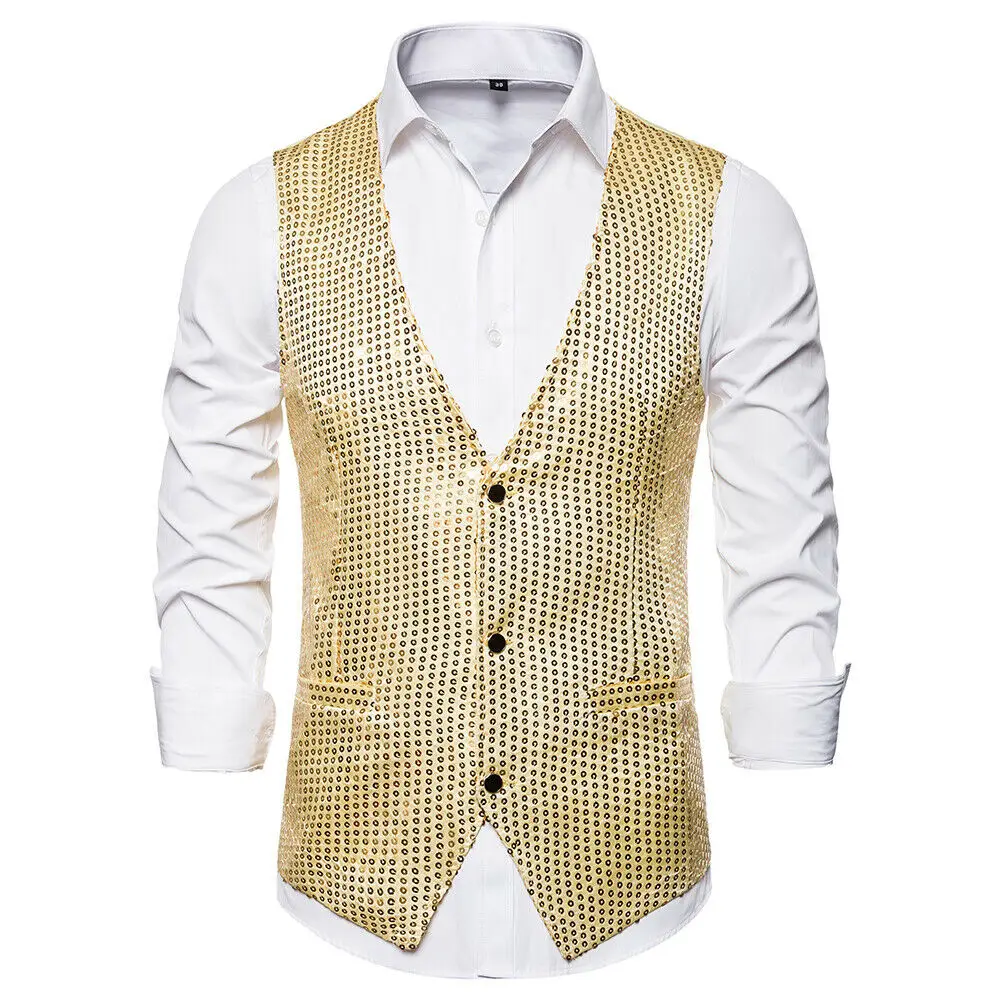 

6 Styles Men Wedding Stage Show Gold Shiny Sequins Bow Vest Waistcoat Blue Black Silver Suit Vest Gilet Homme Classic Vests 2Pcs