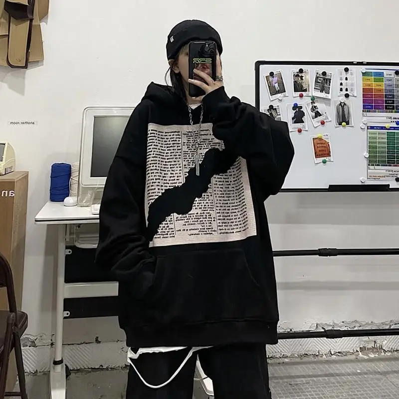 

autumn women and men Hoodies black print Mid-length plus velvet thick Pullover Sweatshirts lose Harajuku oversize hooded clothes