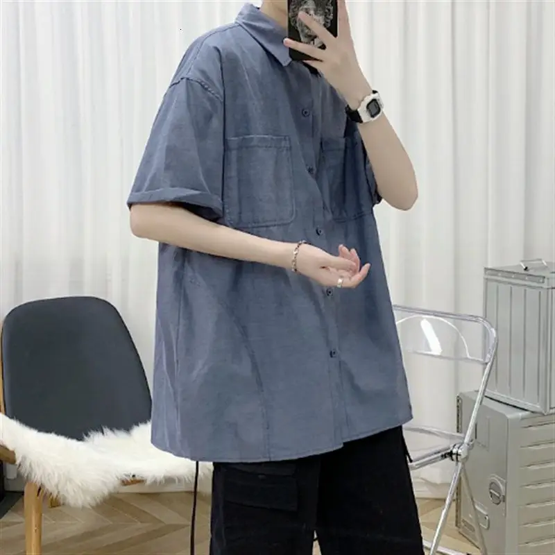 

Summer Solid Color Denim Shirt Men Korean Fashion Loose Casual Shirt Men Harajuku Streetwear Retro Denim Short-sleeved Shirt Men