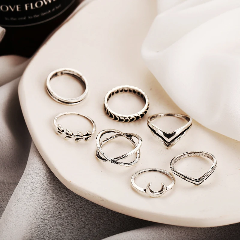 

7 Pcs Punk Twist Joint Ring Sets For Women Hiphop Minimalist Silver Color Geometric Rings Party Fashion Jewelry Vintage Rings
