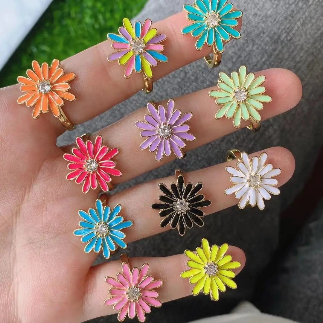 

10Pcs New Design Colorful flower jewelry ring for women, brass gold enamel plated Adjustable finger rings Statement Vintage Ring