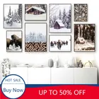 Картина на холсте зимний Снежный лес пейзаж настенное искусство скандинавский деревянный дом плакат картина домашний декор Рождественское украшение комнаты
