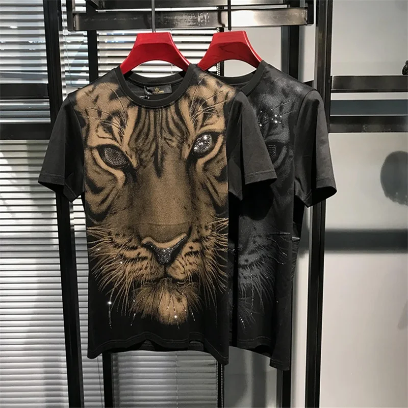 

hort-sleeved t-shirt men's 2021 summer tide brand self-cultivation heavy industry hot drilling tiger half-sleeved t-shirt men