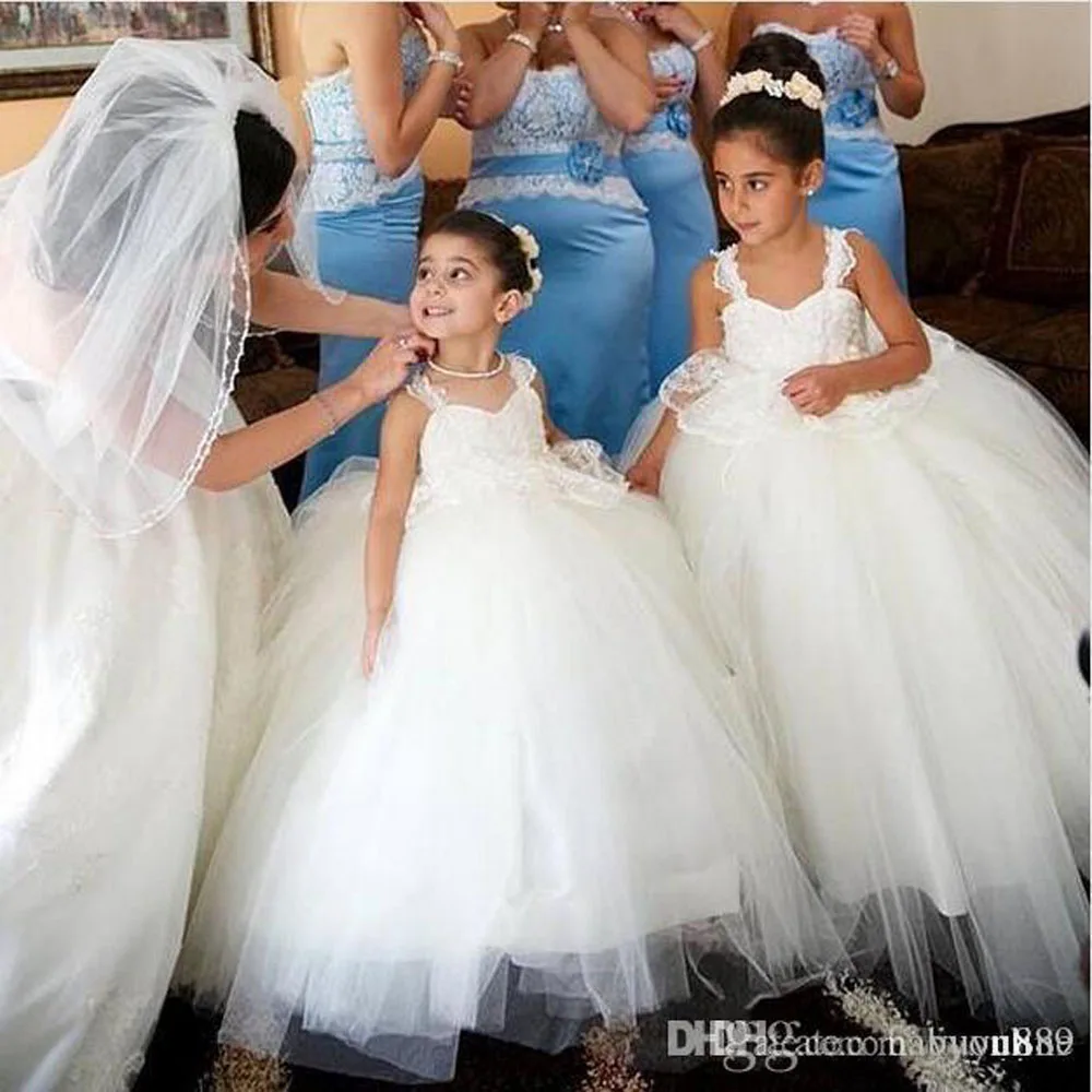 

White Kids Flower Girl Dresses Ball Gown Lace Spaghetti Strap Puffy Long Toddler Communion Birthday Dress Girls Pageant Wears