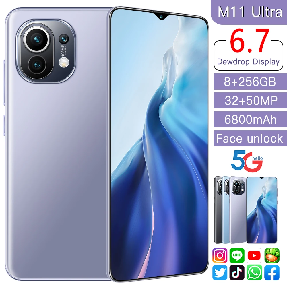

M11 Ultra Global 5G Smart Mobile Cell Phone 6.7Inch Qualcomn 888 32+50MP Face Unlock 6800MAH 8GB+256GB Dual SIM+SD Android 11