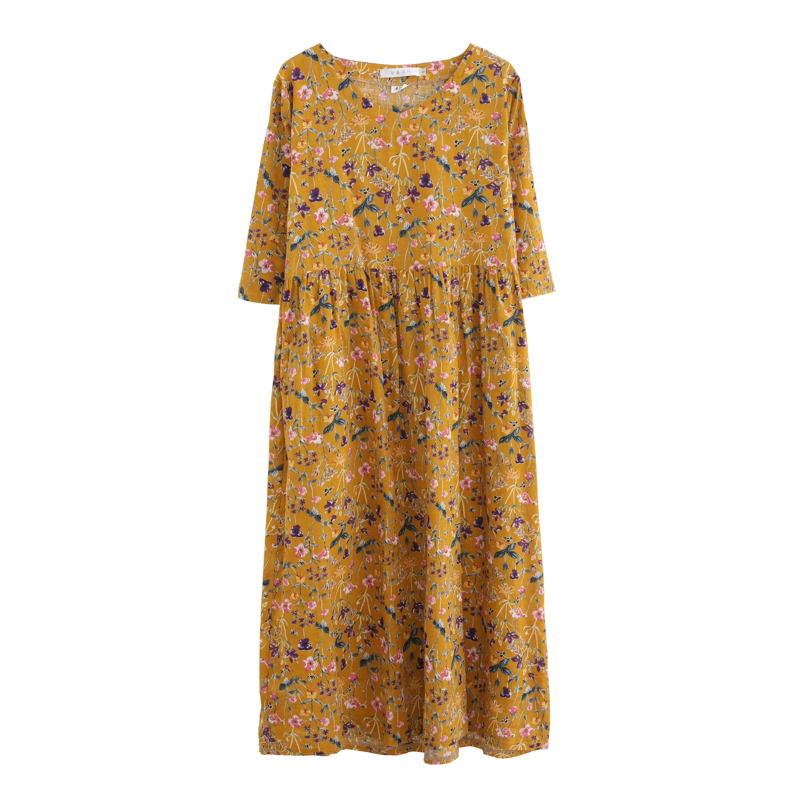 

2020 Early Autumn New Ethnic Style Vintage Small Floral V-neck Dress Waist Slimming Cotton and Linen 3/4 Sleeve Dress