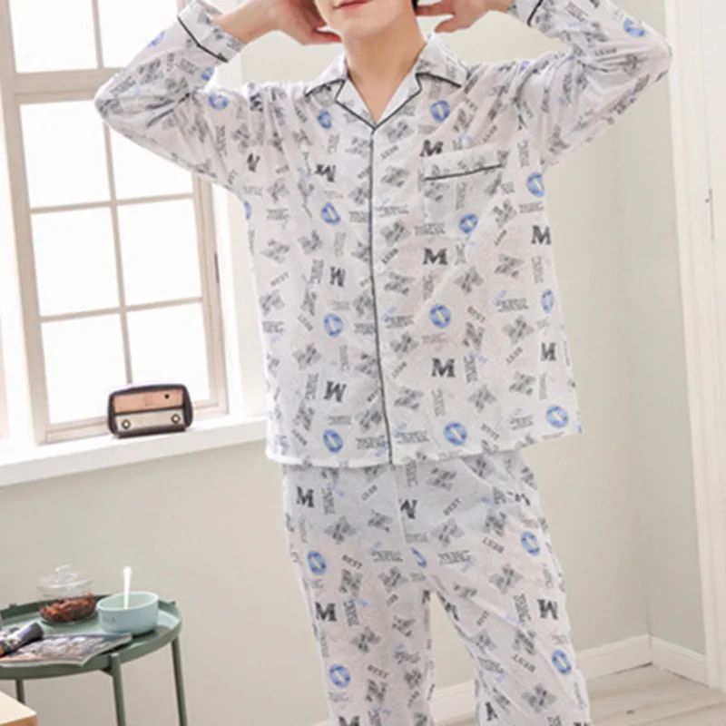 Мужской пижамный комплект хлопок весна длинный рукав принт пижамные костюмы