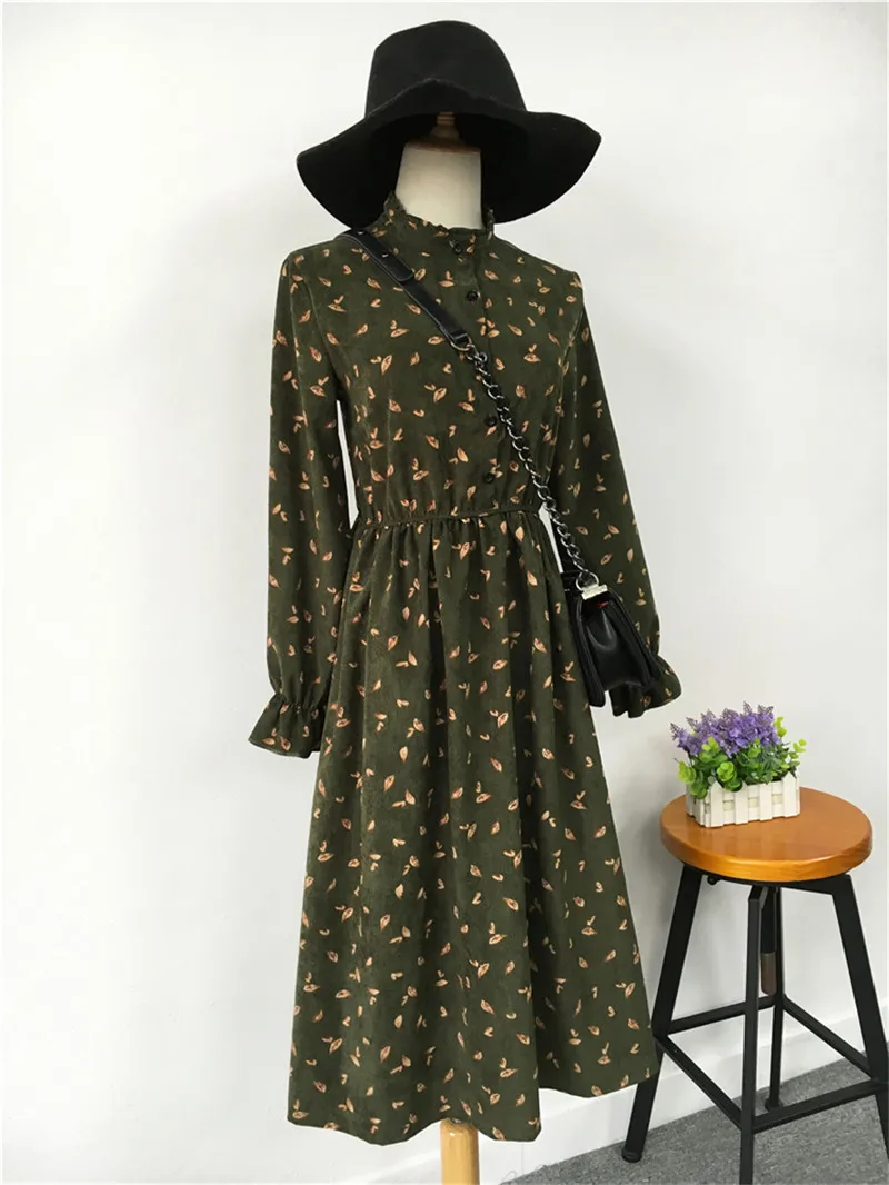 Женское элегантное вельветовое платье с цветочным принтом повседневное осеннее