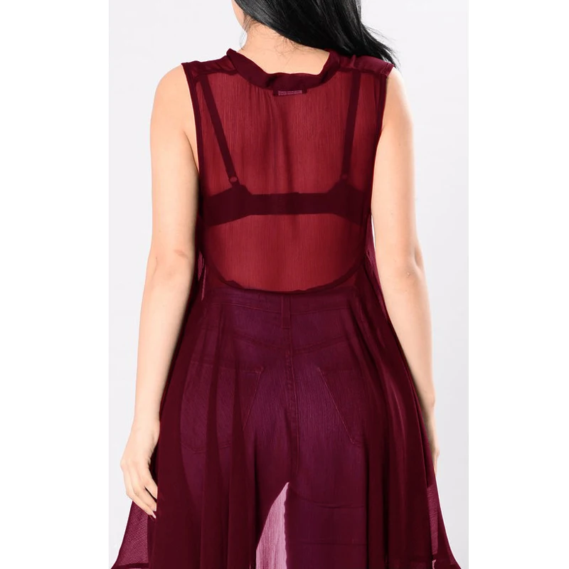 

Women Sexy See Throught Sleeveless Tunic High Low Hem V-neck Bow Irregular Dress AM0946