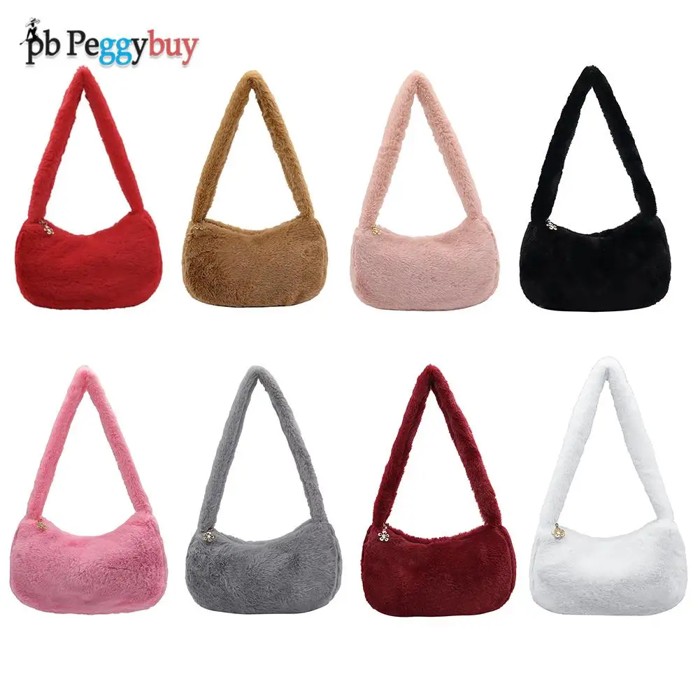

Elegant Pure Color Subaxillary Bags Female Small Zipper Shoulder Bags Women Casual Plush Plain Underarm Bags for Winter