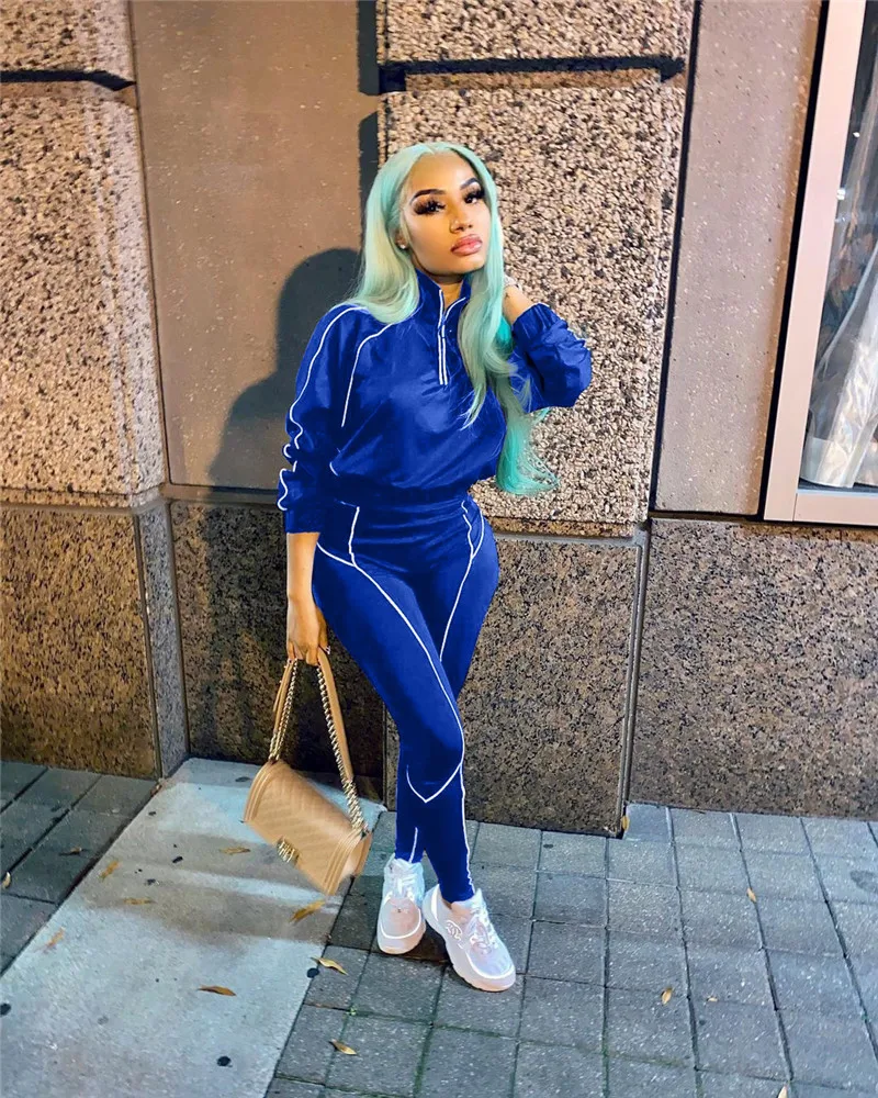 

Winter Clothes Sweat Suits Women Matching Two Piece Set Sexy Zipper Tops Tight Pants Striped Tracksuit Wholesale Dropshipping