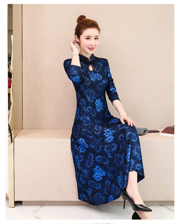 Осень Зима Новое поступление размера плюс M-3XL Ретро Cheongsam стоячий воротник жаккард длинный рукав женское длинное платье