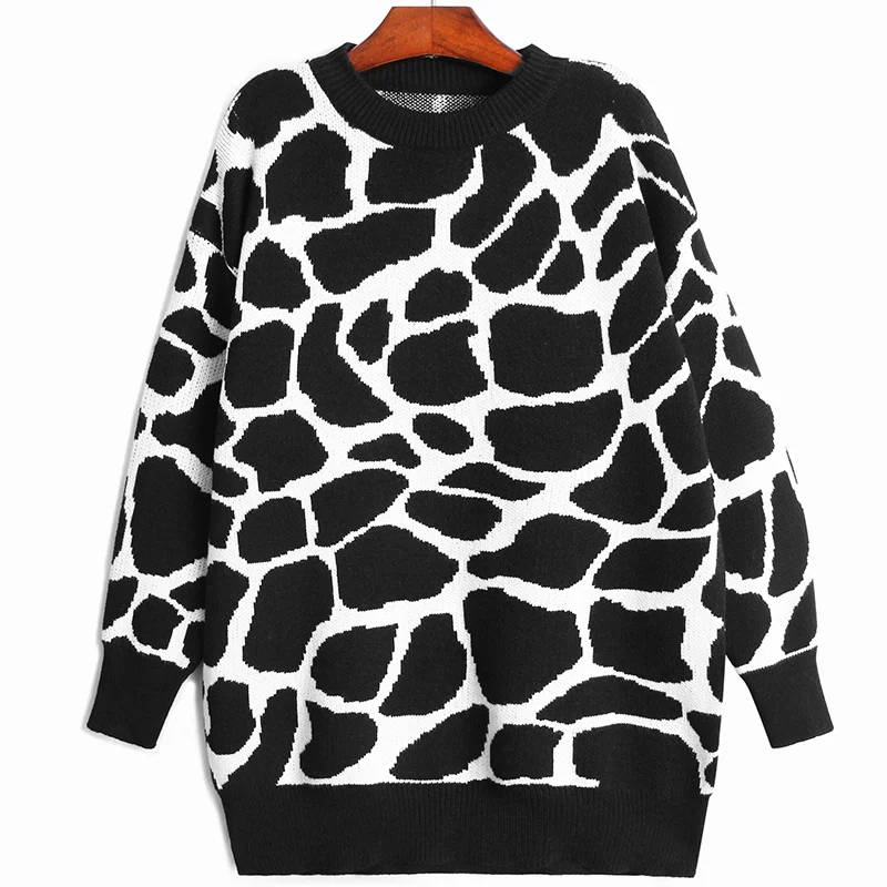 

ZCSMLL Pattern Casual Knitting Sweater Loose Fit Round Neck Long Sleeve Women Pullovers New Fashion Autumn Winter 2021