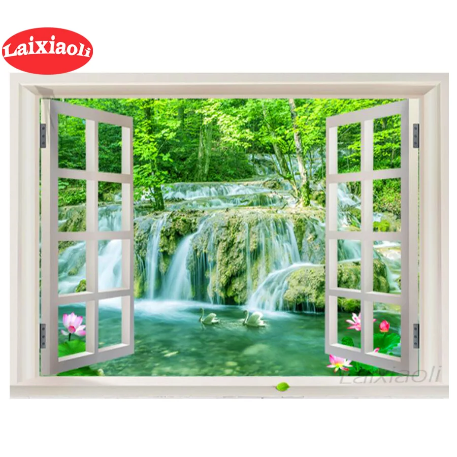 

Full Square Diamond Painting window outside waterfall greet tree Diamond Mosaic picture of rhinestone round Diamond Embroidery