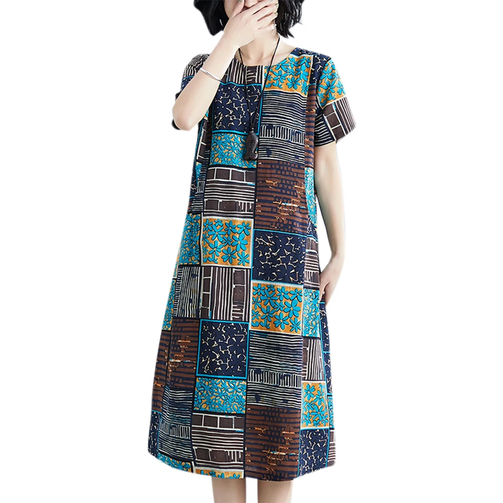 

Vintage Dress Women Plaid Pocket Dress Loose Casual Short Sleeve Knee-length Dress Fashion Women Clothing
