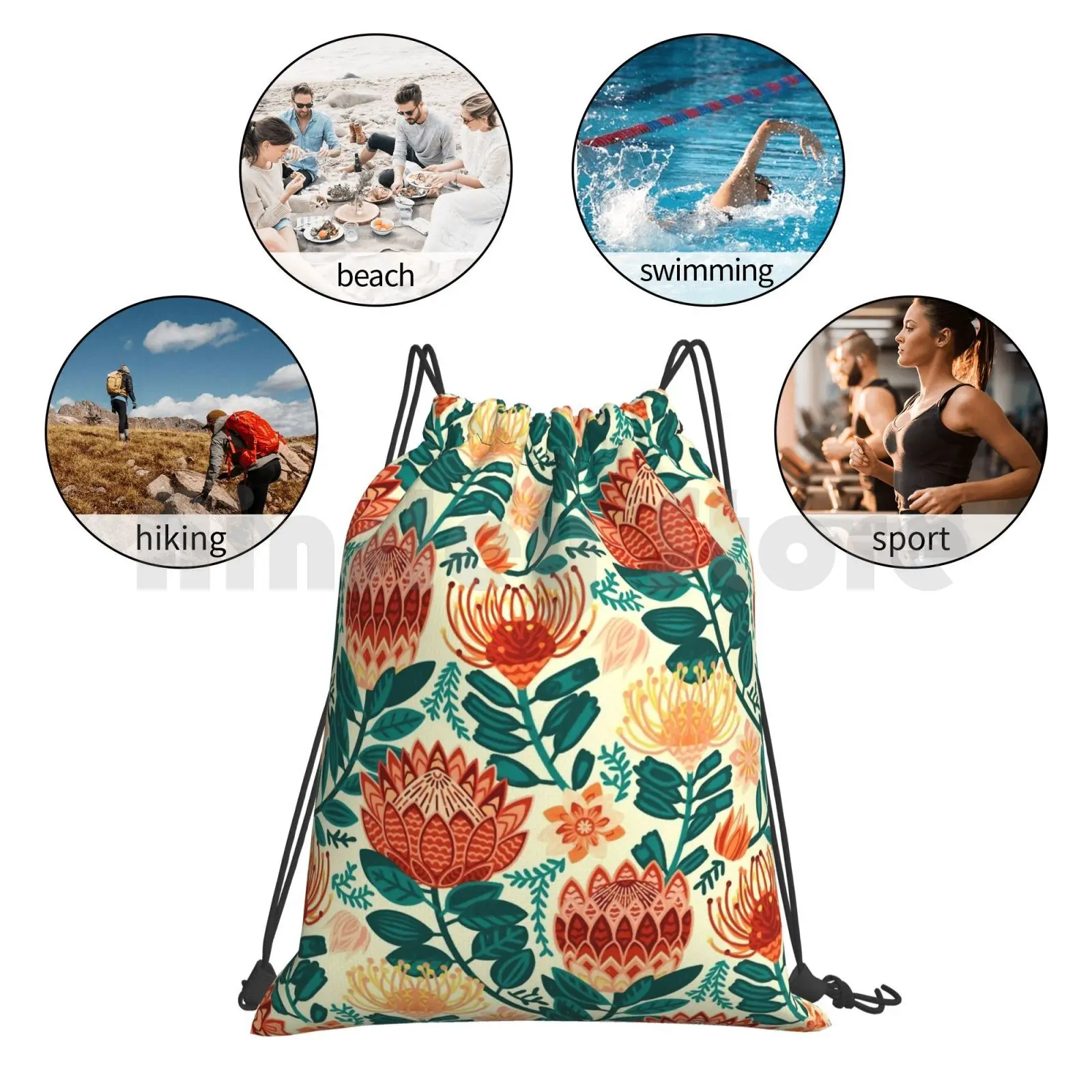 

Protea Chintz-Teal & Orange Backpack Drawstring Bags Gym Bag Waterproof Blues Orange Proteas Sugarbushes Fynbos Proteas