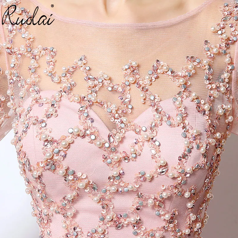 In Stock Pink Luxury Evening Dresses Long Full Sleeve with Sash A-Line Beaded Patrty Gown vestidos de fiesta noche | Свадьбы и