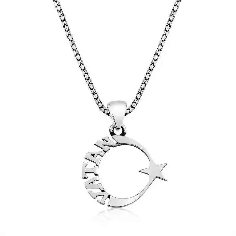 

Real Silver 925 Jewelry Silver Homeland Written Moon Star Male Necklace
