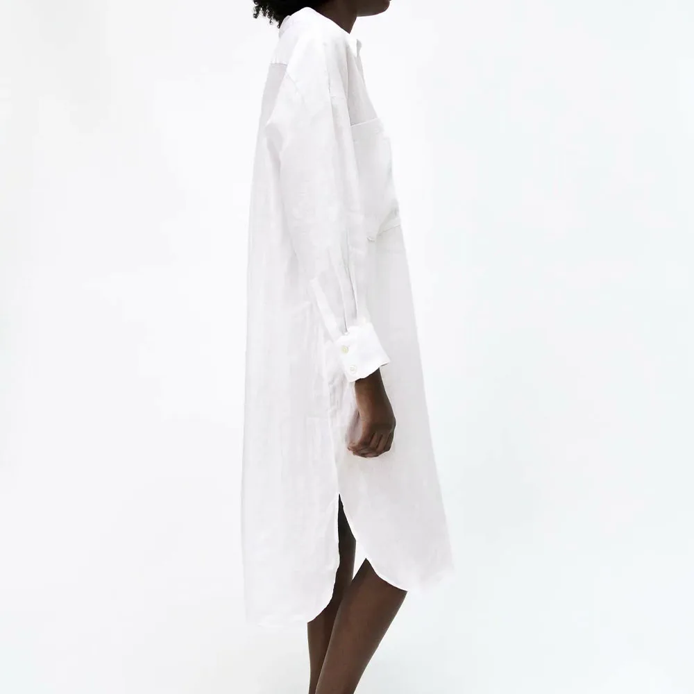 

2021 Za New Women Fashion White Loose Long Blouses Vintage Long Sleeve Button-up Female Flax Shirts Blusas Chic Tops