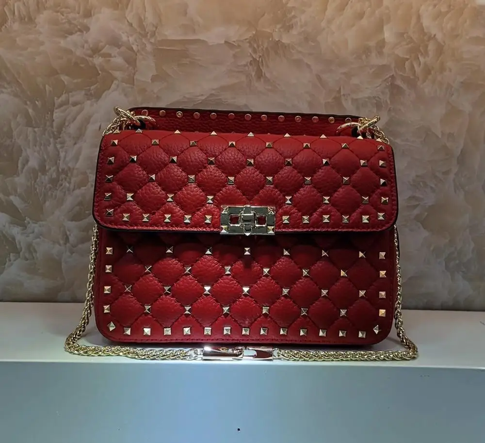 

free shipping 2020 good quality fashion rivet genuine cow leather women handbag one shoulder bag crossbody bag 4 color 23cm