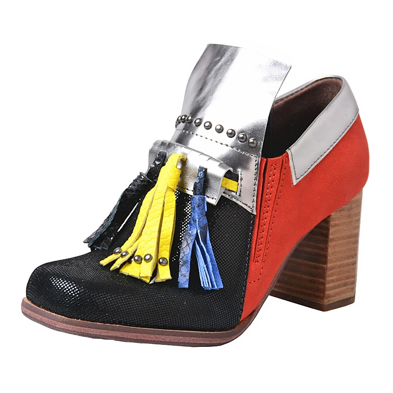 Смешанные Цвет с бахромой женская обувь высокий толстый каблук натуральная