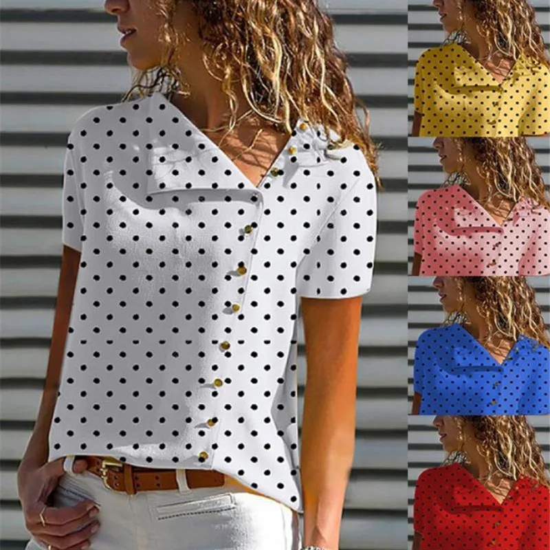 

2021 Summer Casual Blouse V Neck Button Short Sleeve Office Lady Polka Print Femme Blusas Y Camisas Womens Tops Blouses Shirt