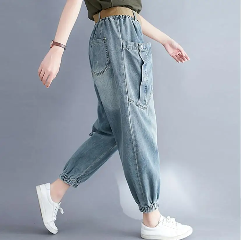 Джинсы-карго женские с завышенной талией свободные синие Стрейчевые джинсы