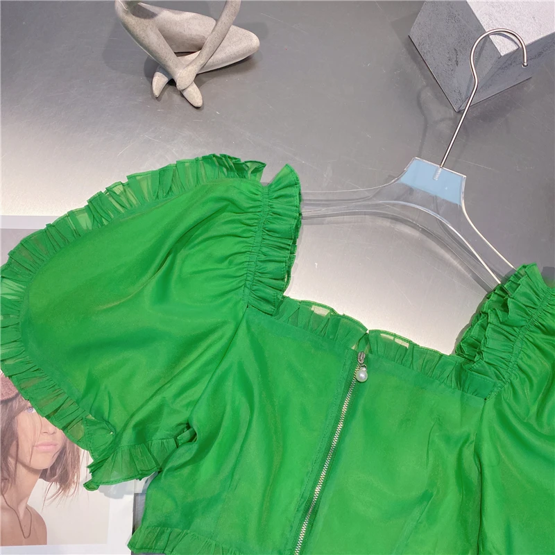 

2021 Summer New Girl Sweet Blouse Lace Puff Sleeve Short Green Chiffon Shirt for Women Back Zipper Crop Top Ladies Blusas Mujer