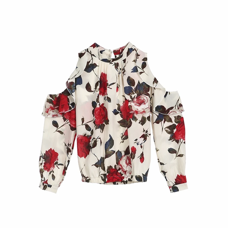 

Fashion Women's Ladies Summer Out Shoulder Long Sleeve Shirt Loose Casual Ruffles Print O-Neck Blouse Tops Shirt