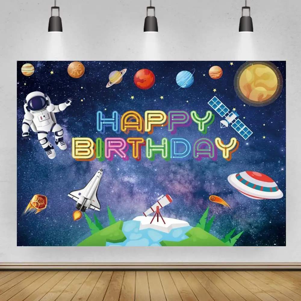

Outer Space Theme Backdrop for Kid Birthday Space Party Planet Birthday Decoration Galaxy Astronaut to The Moon Photo Background