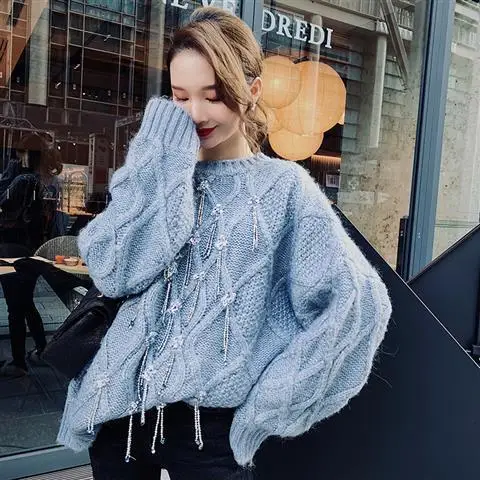 

Lazy Wind Autumn Winter Female Sweaters 2021 New Tassel Beading Diamond Lattice Loose Pullovers Top Women Knitted Jumper Casual