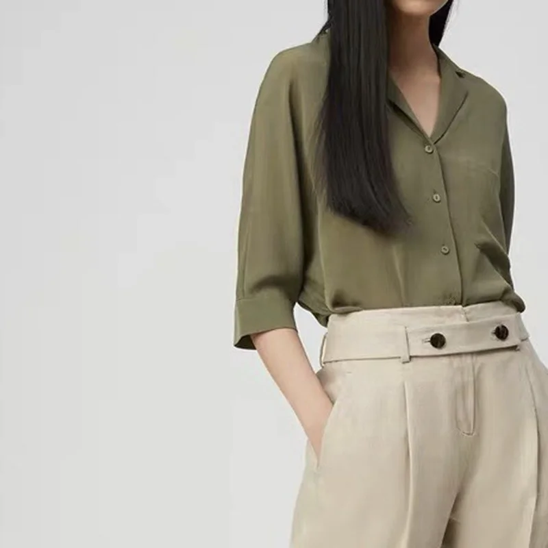 

Spring and Summer New Olive Green Silk Suit Bow Tie Long Sleeve Shirt Women