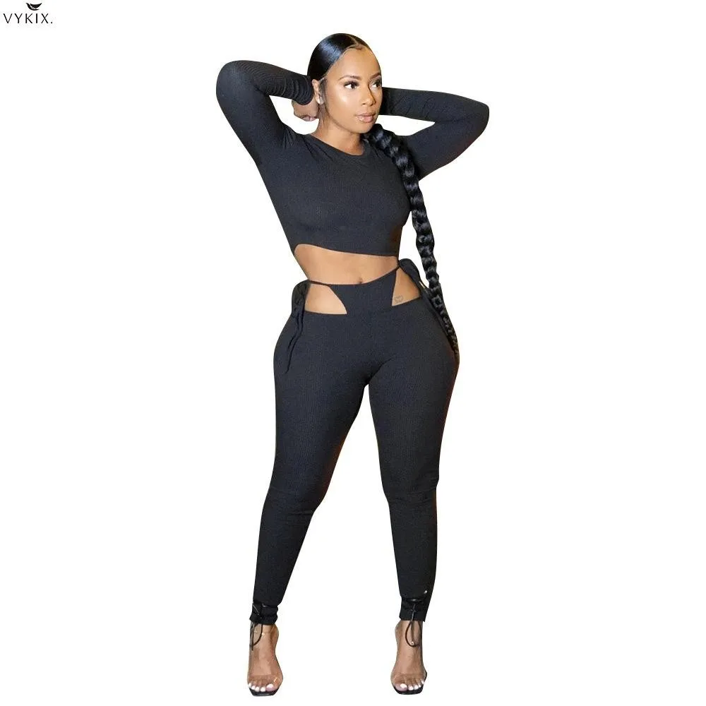 

2020 Long Sleeve Solid Skinny Two Piece Set Top And Pants Tshirt Tops Bandage Sexy Leggings Autumn Winter Womens Tracksuit Sets