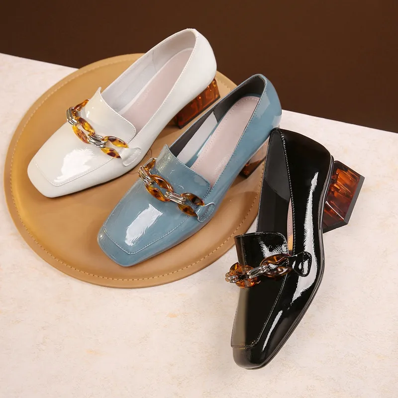

Asumer Full Genuine Leather Shoes 2021 Pumps Women Single Shoes Square Toe Chain Fashion Thick Heels Casual Shoes Ladies